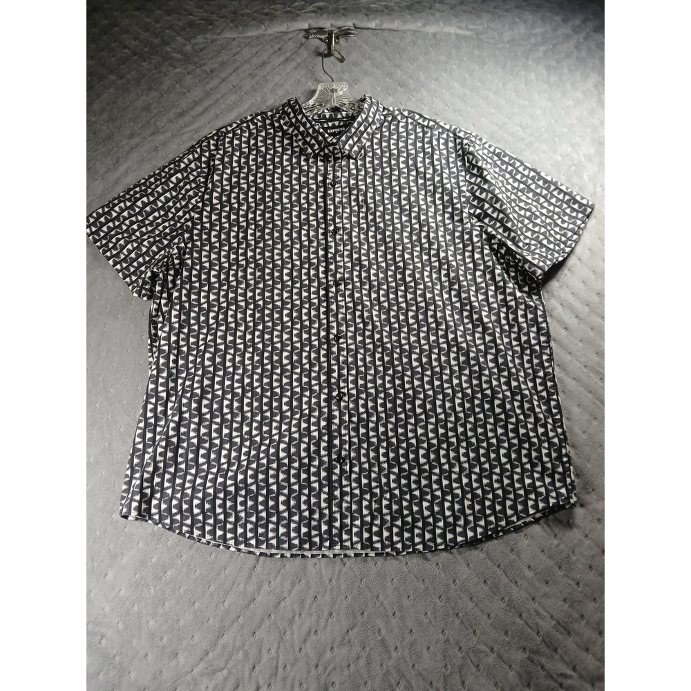 Express Mens XL Black White Geometric Ikat Print Short Sleeve Button Up Shirt